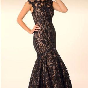 Black/Tan lace gown over taffeta, illusion neckline, cap sleeves by CMCouture